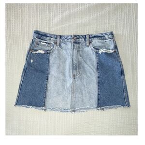 Abercrombie & Fitch Colorblock Denim Mini Skirt Distressed Raw Hem Size 14